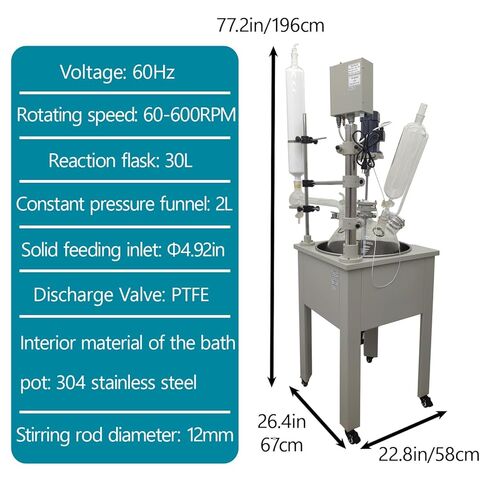 TECHTONGDA 30L Single Layer Glass Reactor 110V Labs Chemical Glass Reactor with Condensor and Stainless Steel Water Bath, Chemical Reaction Vessel for Chemical Biosciences Fields in Kuwait