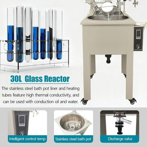 TECHTONGDA 30L Single Layer Glass Reactor 110V Labs Chemical Glass Reactor with Condensor and Stainless Steel Water Bath, Chemical Reaction Vessel for Chemical Biosciences Fields in Kuwait