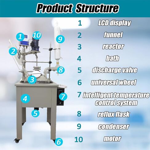 TECHTONGDA 30L Single Layer Glass Reactor 110V Labs Chemical Glass Reactor with Condensor and Stainless Steel Water Bath, Chemical Reaction Vessel for Chemical Biosciences Fields in Kuwait