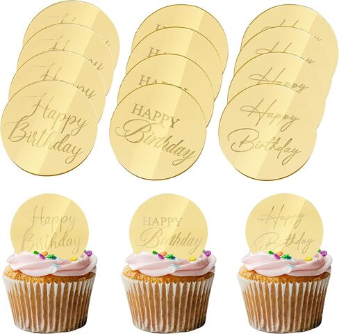 BEISHIDA 24PCS عيد أم سعيد Cupcake Topper Acrylic Cupcake Decoration Rosegold Silver Gold Hot Pink Discs Mirror Cupcake Decor in Saudi Arabia