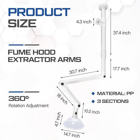 Sumind Lab أذرع مستخرج الدخان بفتحة تهوية العادم مع ذراع غص محوري قابل للتعديل 360 درجة للأبخرة والمواد الكيميائية، غطاء دخان مستخرج من مادة البولي بروبيلين الأبيض للمختبر، الصناعي، الكى in Kuwait
