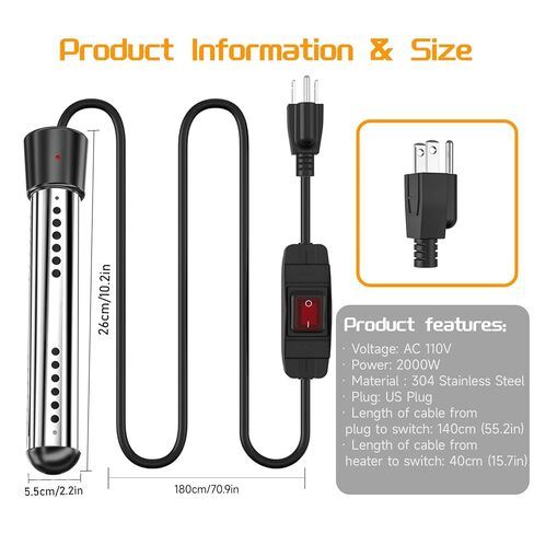 2000W Immersion Water Heater Camping Water Heater with Digital LCD Thermometer 304 Stainless Steel Guard Bucket Auto Power-Off Heater Water for Pool Bathtub Barrel Pot in Kuwait