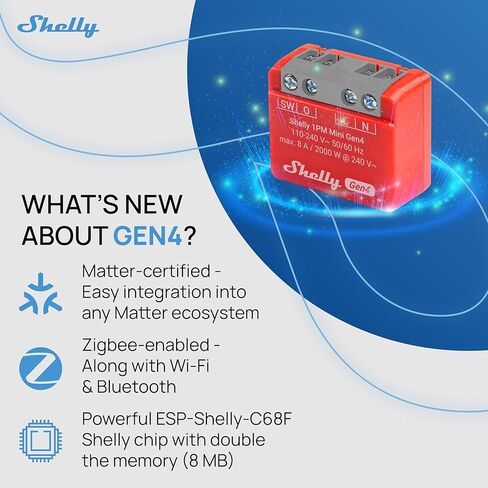 شيلي 1PM ميني Gen4 | Wi-Fi، Zigbee، Matter Smart Relay Switch مع قياس الطاقة، قناة واحدة 8A | أتمتة المنزل | متوافق مع Alexa وSmartThings وGoogle وApple HomeKit | تطبيق iOS Android (حزمتان) in Kuwait