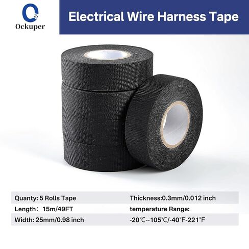 Ockuper Wire Harness Tape, 0.98＂x 49FT 5 Rolls, Wiring Loom Harness, Self-Adhesive Felt Cloth Electrical Tape for Automotive Engines, Harness Wrap Protection,Noise Dampening and Cable Protection,Black in Saudi Arabia