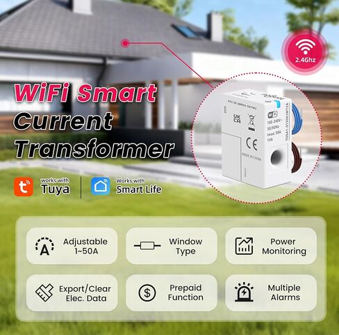 TONGOU WiFi Smart Window-type Current Transformer, 1-50A 100-240VAC, Smart Home Energy Accessory, with Power Monitoring in Tuya/Smart Life, Export/Clear Power Data, Alarm Function, FCC Certified, 1 PC in Saudi Arabia