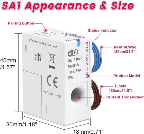 TONGOU WiFi Smart Window-type Current Transformer, 1-50A 100-240VAC, Smart Home Energy Accessory, with Power Monitoring in Tuya/Smart Life, Export/Clear Power Data, Alarm Function, FCC Certified, 1 PC in Saudi Arabia