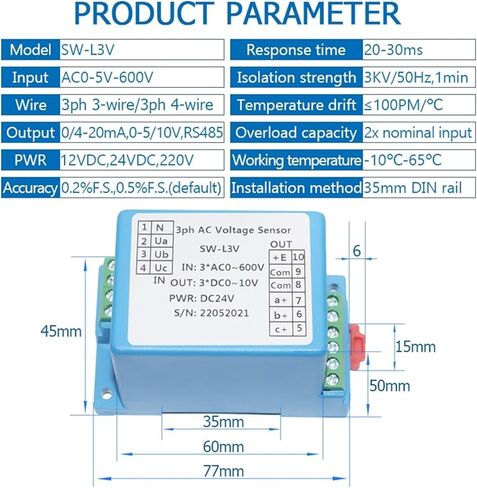 جهاز استشعار الجهد ToolRise ثلاثي الطور AC جهاز إرسال الجهد AC0-5V-600V كشف الجهد 4-20mA 0-5V 10V RS485 مخرج 3PH محول مستشعر الجهد (0-5V Output، AC0-380V_12VDC) in Kuwait