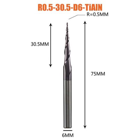 1pcs 6mm Shank Tapered Ball Nose End Mill R0.25-R2 Spiral CNC Router Bit 2-Flute Solid Carbide Milling Cutter for 2D and 3D Engraving(R0.5-30.5-D6) in Saudi Arabia