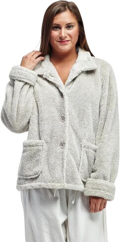 LA CERA Women's Fleece Bed Jacket - 100% Polyester, Collared Button Front, Long Sleeves, Front Pockets, Solid Pattern in Saudi Arabia