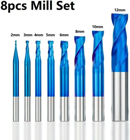 LYZYSNEJ 8Pcs 2-Flute Flat Nose Carbide End Mill 2-12mm CNC Machine Router Bit CNC Machine Tools Nano Blue Coated End Mill for Wood Metal Working in Kuwait