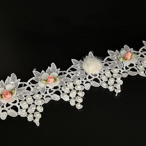 1 Yard White Pearl Beads Flowers Lace Trim Ribbon Floral Appliques Embroidered Lace Fabric Cute Sewing Lace for Wedding Bridal Dress Clothes Costume Hat Decoration DIY Sewing Crafts (White, 1 Yard) in Saudi Arabia