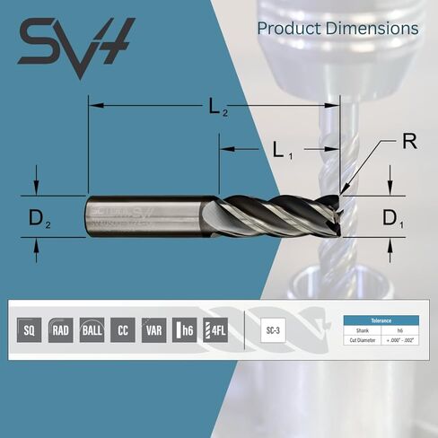 SCT20043 SV4 4-Flute, 3/8" Diameter, 7/8" Cutting Length, .015" Corner Radius, Center Cutting, 2.5" OAL, Coated, 3/8" Shank Dia., High Performance Variable Helix Carbide Endmill for Ferrous Materials in Kuwait