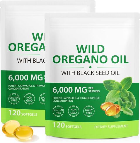 زيت من أوريجانو مع زيت البذور الأسود الناعمة 60 كبسولات الزيت - 2 في 1 مكملات عشبية طبيعية لدعم المناعة ومضادات الأكسدة - كارفكرول وثيمووكينون عالية - غير المعدلة وراثيا in Kuwait