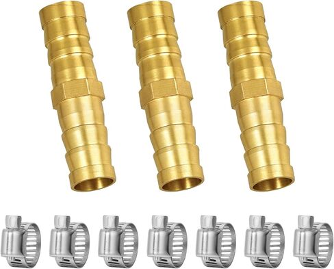 3/8" Hose Barb Fitting Kit, 3-Pack Brass Straight Connector for Fuel Line, Air, Water, Oil, Gas, Pressure Washer, Soaker & Hydraulic Hoses Repair - Includes Stainless Steel Clamps (2-way-I) in Saudi Arabia