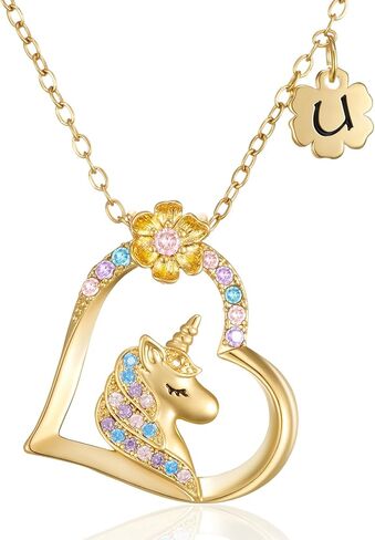 Hypoallergenic Unicorn Necklace for Girls Daughter - Colorful CZ Heart Pendant Clover Initial Unicorn Necklace, Gift of Dreams for Little Girls in Kuwait