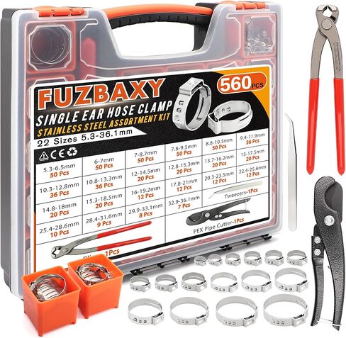 مجموعة مشابك خرطوم أذن واحدة مكونة من 360 قطعة و22 مقاسًا، 5.3-33.1 مم 304 مشابك خرطوم مجعدة من الفولاذ المقاوم للصدأ مع أدوات، للسباكة الآمنة والسيارات وخط الوقود والتطبيقات الصناعية in Kuwait