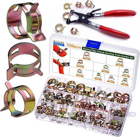 108 قطعة من مشابك الأنابيب الزنبركية من ASKWAY، مع أدوات مشبك الأنابيب الزنبركية، 9 مقاسات 6-18 مم مشابك خرطوم زنبركية، تستخدم لتثبيت واجهات الخراطيم في السيارات والبحرية والبستنة والتطبيقات الصناعية (1، ألوان) in Kuwait