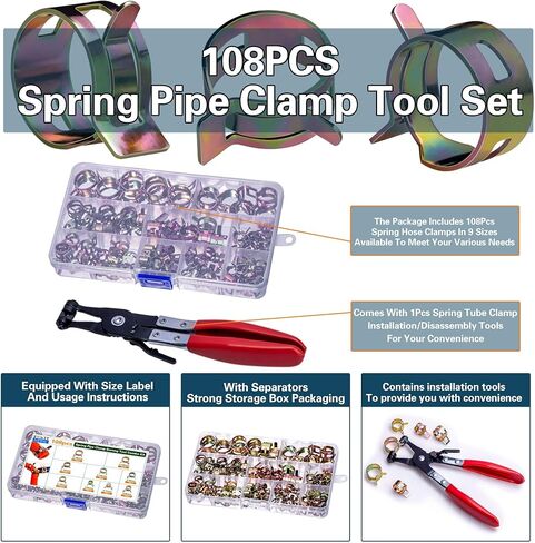108 قطعة من مشابك الأنابيب الزنبركية من ASKWAY، مع أدوات مشبك الأنابيب الزنبركية، 9 مقاسات 6-18 مم مشابك خرطوم زنبركية، تستخدم لتثبيت واجهات الخراطيم في السيارات والبحرية والبستنة والتطبيقات الصناعية (1، ألوان) in Kuwait