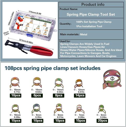 108 قطعة من مشابك الأنابيب الزنبركية من ASKWAY، مع أدوات مشبك الأنابيب الزنبركية، 9 مقاسات 6-18 مم مشابك خرطوم زنبركية، تستخدم لتثبيت واجهات الخراطيم في السيارات والبحرية والبستنة والتطبيقات الصناعية (1، ألوان) in Kuwait