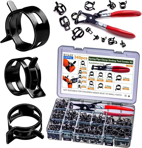 Spring Pipe Clamps340PCS, With Spring Pipe Clamp Tools, 12 Sizes 6-22mm Spring Hose Clamps, Used To Fix Hose Interfaces In Automotive, Marine, Gardening, Industrial Applications in Saudi Arabia