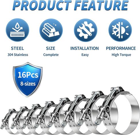 مجموعة مشابك خرطوم T-Bolt مكونة من 16 قطعة من مشابك خرطوم المبرد شديدة التحمل 304 من الفولاذ المقاوم للصدأ مقاس 1 بوصة (32-37 مم) إلى 3 بوصة (78-84 مم) in Saudi Arabia