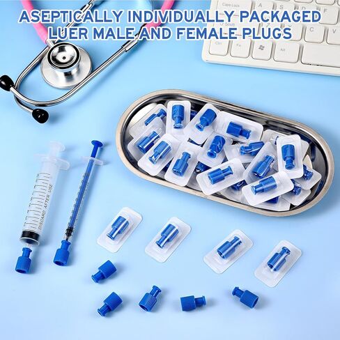 Fiwochic 100 Pack Luer Stopper Blue Closing Cones Dual Male-female Individually Packaged Sterile Luer Replacement Cap for Male/female Connectors Syringes Tips Iv Admin Sets in Saudi Arabia