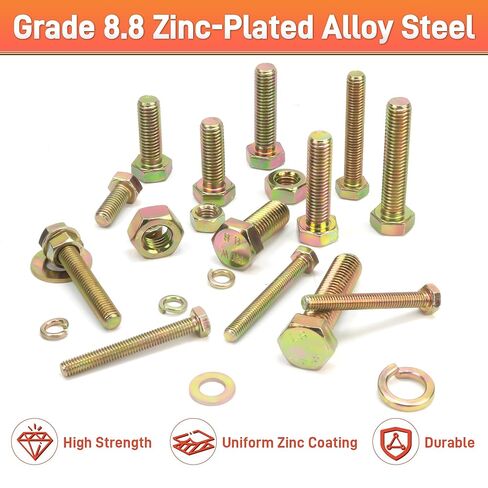 Quibbay 976pcs Nuts and Bolts Assortment Kit, Grade 8.8 Metric Bolt Assortment with Assorted Nuts and Washers, Heavy Duty M6 M8 M10 M12 Hex Bolts and Nuts Kit, Yellow Zinc Plated, Length from 16-50mm in Saudi Arabia