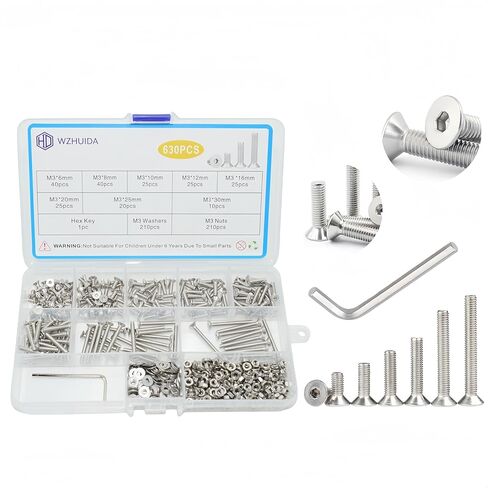 مجموعة متنوعة من براغي WZHUIDA 630 قطعة M3، M3x6mm/8mm/10mm/12mm/16mm/20mm/25mm/30mm، مجموعة غسالات براغي سداسية مسطحة الرأس مع مفتاح ربط، 304 من الفولاذ المقاوم للصدأ in Kuwait
