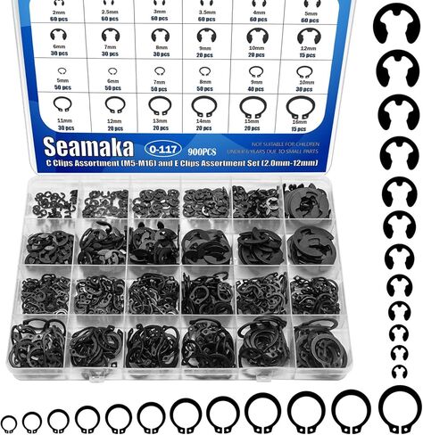 مجموعة متنوعة من 900 قطعة من المشابك الإلكترونية من سيماكا (2.0 مم - 12 مم) ومجموعة متنوعة من المشابك C (M5-M16)، مجموعة متنوعة من حلقات الإطباق، 24 مقاسًا مشبك تثبيت من الفولاذ الكربوني الأسود، حلقات تثبيت خارجية O-117 in Kuwait