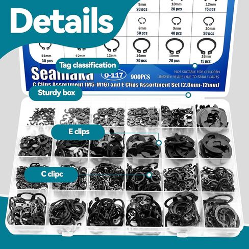 Seamaka 900Pcs E-Clips Assortment Set(2.0mm-12mm) and C Clips Assortment (M5-M16),Snap Rings Assortment Kit,24 Sizes Black Carbon Steel Circlip Retaining Clip,External Retaining Rings O-117 in Saudi Arabia