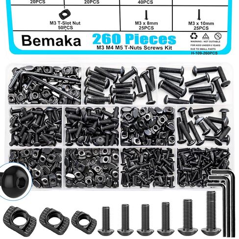 Bemaka 260PCS M3 M4 M5 T Slot Nut Screws Kit, T Nuts and Bolts Assortment Kit for 2020 Series Aluminum Profile, Mlok Screws Nuts Replacement in Saudi Arabia