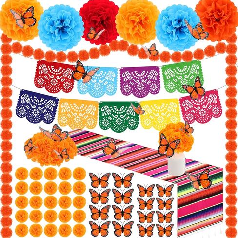 87 PCS Day of the Dead Decorations ، Dia de de Los Muertos Decor 50 Marigold Flowers ، Marigold Carlands ، Mexican Party Banner ، Table Runner ، 8 Paper Flower in Saudi Arabia