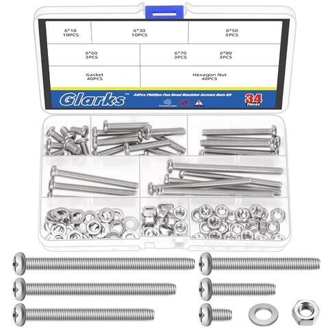 Glarks 114pcs M6 x 10/30/50/60/70/80mm Pan Head Phillips Machine Screws Set, 304 Stainless Steel, Fully Thread, Silver Cross Head Screws Bolts with Nuts and Washers for Cabinet Drawer Knob Pull Handle in Saudi Arabia