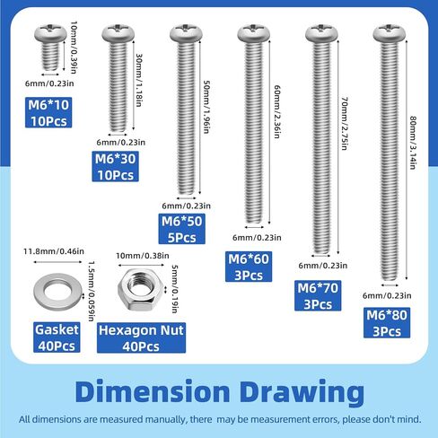 Glarks 114pcs M6 x 10/30/50/60/70/80mm Pan Head Phillips Machine Screws Set, 304 Stainless Steel, Fully Thread, Silver Cross Head Screws Bolts with Nuts and Washers for Cabinet Drawer Knob Pull Handle in Saudi Arabia