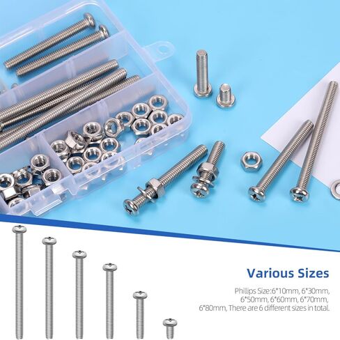Glarks 114pcs M6 x 10/30/50/60/70/80mm Pan Head Phillips Machine Screws Set, 304 Stainless Steel, Fully Thread, Silver Cross Head Screws Bolts with Nuts and Washers for Cabinet Drawer Knob Pull Handle in Saudi Arabia