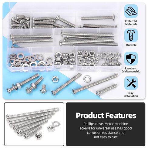 Glarks 114pcs M6 x 10/30/50/60/70/80mm Pan Head Phillips Machine Screws Set, 304 Stainless Steel, Fully Thread, Silver Cross Head Screws Bolts with Nuts and Washers for Cabinet Drawer Knob Pull Handle in Saudi Arabia