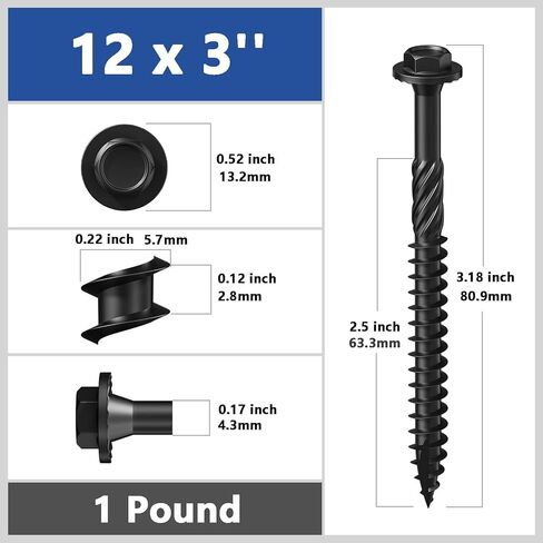 (1 lbs 43PCS)#12 x 2 Black Hex Exterior Lag Screws, 5.5x50mm,Structural Wood Screw, Heavy Duty Construction Screw, Rust Resistant, Washer Head, Black Coated Exterior Wood Screws in Saudi Arabia