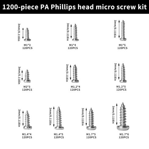 1200 Pcs Mini Screw Kit, Miniature Phillips Self Tapping Tiny Screws for Glasses Electronic Sunglasses Machine Watch Repair Screws Assortment (M1/M1.2/M1.4/M1.7) in Saudi Arabia