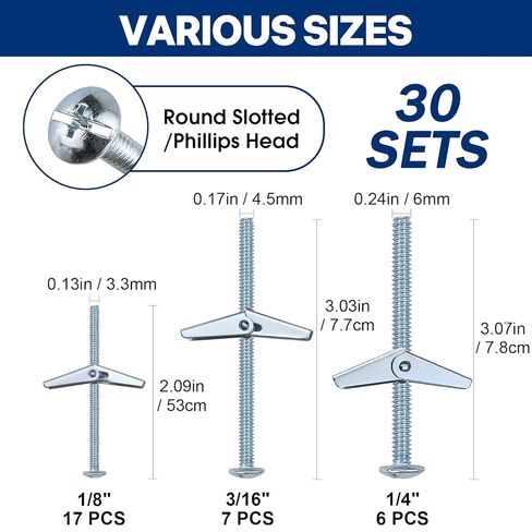 30 مجموعة من مسامير الربط للجدران الجافة، مجموعة أدوات تثبيت الجدران الجافة المعدنية شديدة التحمل - 1/4 بوصة، 3/16 بوصة، 1/8 بوصة مرساة فراشة ومسامير للجدار المجوف، الألواح الصخرية، تركيب السقف in Kuwait