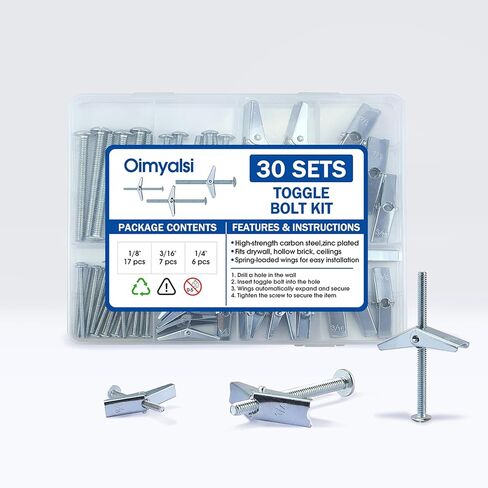 30 مجموعة من مسامير الربط للجدران الجافة، مجموعة أدوات تثبيت الجدران الجافة المعدنية شديدة التحمل - 1/4 بوصة، 3/16 بوصة، 1/8 بوصة مرساة فراشة ومسامير للجدار المجوف، الألواح الصخرية، تركيب السقف in Kuwait