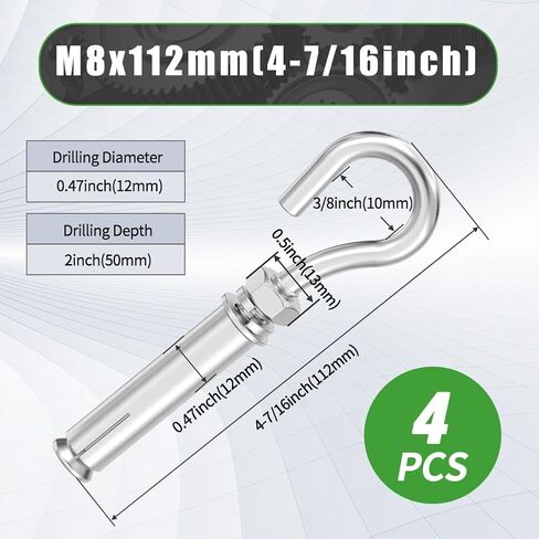 مرساة خرسانية مع خطاف مدمج، M8x112mm 4-7/16 بوصة 304 مسامير براغي توسيع من الفولاذ المقاوم للصدأ شديدة التحمل من الطوب (4 عبوات) in Saudi Arabia