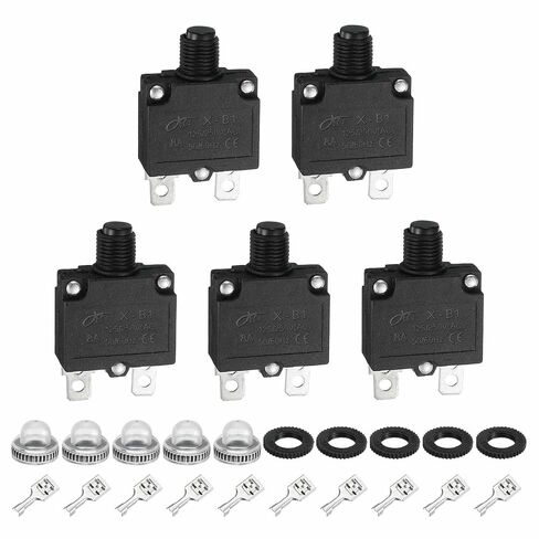 Meccanixity 5pcs 10A قواطع الدائرة الحرارية ، 125/250V AC ، 32 فولت DC إعادة تعيين زر الضغط الزائد القاطع الدائرة الحمولة الزائدة مع أغطية زر مقاومة للماء ، أطراف موصل سريعة ، x-B1 in Saudi Arabia