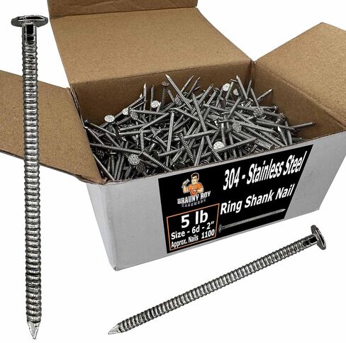 BRAUNY BOY – 2" STAINLESS STEEL – Redwood, Cedar Wood Siding Nail – 6d Ring Shank – Rust Resistant 304 Stainless nail for siding, decking, roof slating – 2 in - (lbs) (5) in Saudi Arabia