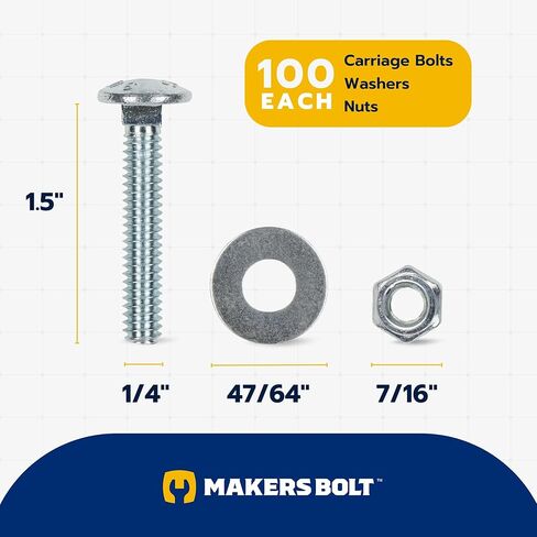 1/4" x 1-1/2" (100 Pack) Zinc Carriage Bolt Kit, Grade 307A by Makers Bolt in Saudi Arabia