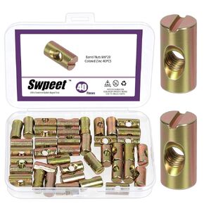Swpeet 60Pcs M6×10/12/15/20 Zinc Plated Barrel Nuts with Threaded Inserts and T-Nuts Assortment Kit, Cross Dowels Slotted Nuts, 4-Pronged Tee Nut, Furniture Nuts for Beds Crib Cabinets in Saudi Arabia
