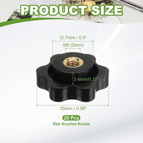 YELARXI لقط المكسرات مقبض بلاستيكي على شكل نجمة نحاسية مقابض مخرشة M5 أنثى رأس مسدس ملولب، قطر رأس 1 بوصة مناسب لآلات مقبض جزازة العشب (20 حزمة، أسود) in Kuwait