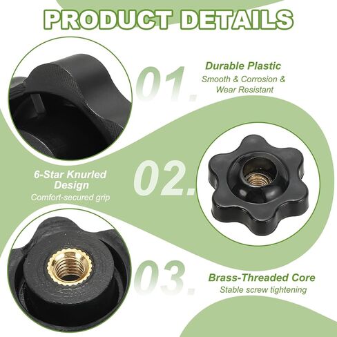 YELARXI لقط المكسرات مقبض بلاستيكي على شكل نجمة نحاسية مقابض مخرشة M5 أنثى رأس مسدس ملولب، قطر رأس 1 بوصة مناسب لآلات مقبض جزازة العشب (20 حزمة، أسود) in Kuwait