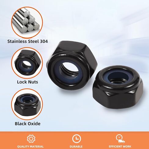 MewuDecor 1/4-20 صواميل قفل سداسية من النايلون، 304 من الفولاذ المقاوم للصدأ 18-8، أكسيد أسود، 25 قطعة in Kuwait