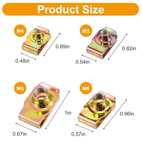 100 PCS U-Clip Nut Set for Auto Car – M4 M5 M6 M8 Assortment Kit (25 Each), Color Zinc Coated Iron, for Dashboard, Door Panel, Bumper & Interior Fastening in Saudi Arabia