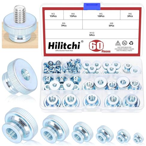 Hilitchi 60PCS 6 Sizes Knurled Thumb Nuts Assortment Kit M3 M4 M5 M6 M8 M10 Adjusting Round Knobs Fasteners Nuts Black Zinc Carbon Steel Knurled Nut High Head Through Hole for 3D Printer Parts in Saudi Arabia